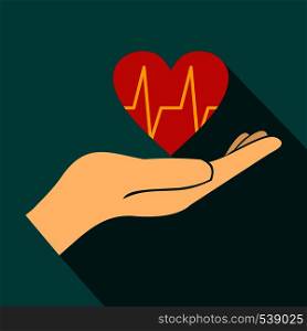 Hand holding red heart with ecg line icon in flat style on a blue background. Hand holding red heart with ecg line icon