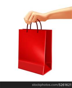 Hand Holding Red Shopping Bag Illustration. Hand holding blank red shopping bag from plastic or paper 3d design on white background vector illustration