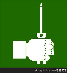 Hand holding screwdriver tool icon white isolated on green background. Vector illustration. Hand holding screwdriver tool icon green