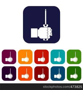 Hand holding screwdriver tool icons set vector illustration in flat style In colors red, blue, green and other. Hand holding screwdriver tool icons set flat
