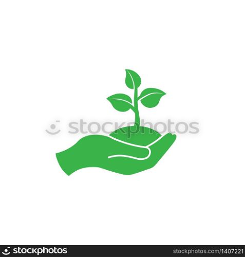Hand holding seedlings with leaves or palm with sprout, ecology icon in green on an isolated white background. EPS 10 vector. Hand holding seedlings with leaves or palm with sprout, ecology icon in green on an isolated white background. EPS 10 vector.