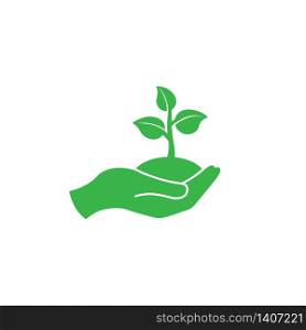 Hand holding seedlings with leaves or palm with sprout, ecology icon in green on an isolated white background. EPS 10 vector. Hand holding seedlings with leaves or palm with sprout, ecology icon in green on an isolated white background. EPS 10 vector.