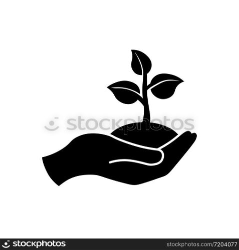 Hand holding seedlings with leaves or palm with sprout, ecology icon in black on an isolated white background. EPS 10 vector.. Hand holding seedlings with leaves or palm with sprout, ecology icon in black on an isolated white background. EPS 10 vector