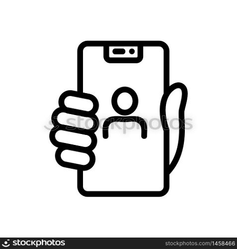 hand holding selfie phone icon vector. hand holding selfie phone sign. isolated contour symbol illustration. hand holding selfie phone icon vector outline illustration