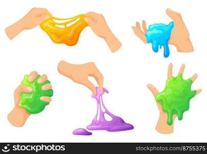 Hand holding slime. Homemade kids toy mucus between fingers hands, sticky slimy colorful funny glue, childish rainbow squeeze snail, neat cartoon vector illustration. Slimy toy and slime liquid. Hand holding slime. Homemade kids toy mucus between fingers hands, sticky slimy colorful funny glue, childish rainbow squeeze snail, neat cartoon vector illustration