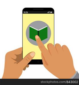 hand holding smart phone- book reader application on screen.Cartoon vector illustration.. hand holding smart phone-book application
