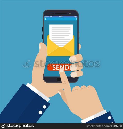 Hand holding smart phone in hand with email social network. Message send on mobile phone. Email marketing.. Hand holding smart phone in hand with email