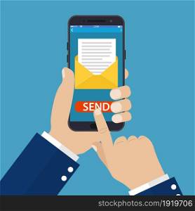 Hand holding smart phone in hand with email social network. Message send on mobile phone. Email marketing.. Hand holding smart phone in hand with email