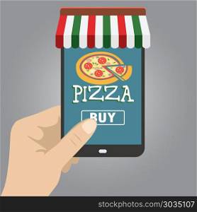 Hand holding smart phone, order pizza using a smartphone in pizz. Vector flat illustration .Hand holding smart phone, order pizza using a smartphone in pizzeria. Hand holding smart phone, order pizza using a smartphone in pizz