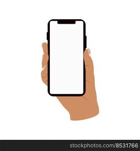 Hand holding smartphon. Modern vector illustration of hand holding cell phone with a plain screen. Web, App design infographics. Hand drawn flat isolated element. 