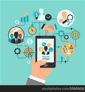 Hand holding smartphone and business and management icons effective strategy concept vector illustration