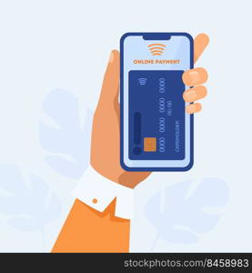 Hand holding smartphone and paying online. Mobile phone, card, transaction flat vector illustration. Payment and digital technology concept for banner, website design or landing web page