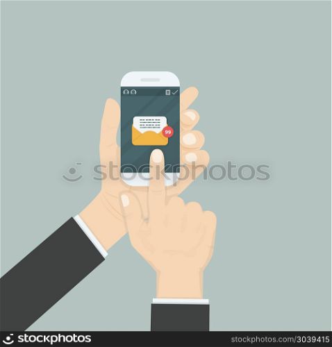 Hand holding smartphone and touching screen with text messaging.. Hand holding smartphone and touching screen with text messaging.Smartphone with new message on screen.Chat,SMS,Instant messaging.Mobile messenger concepts for web sites.Web banners.Smartphone message icon.Vector flat illustration.