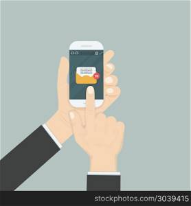 Hand holding smartphone and touching screen with text messaging.. Hand holding smartphone and touching screen with text messaging.Smartphone with new message on screen.Chat,SMS,Instant messaging.Mobile messenger concepts for web sites.Web banners.Smartphone message icon.Vector flat illustration.
