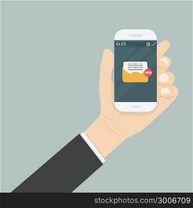 Hand holding smartphone and touching screen with text messaging.Smartphone with new message on screen.Chat,SMS,Instant messaging.Mobile messenger concepts for web sites.Web banners.Smartphone message icon.Vector flat illustration.
