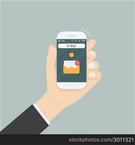 Hand holding smartphone and touching screen with text messaging.Smartphone with new message on screen.Chat,SMS,Instant messaging.Mobile messenger sign.Web banners.Smartphone message icon.Vector illustration.