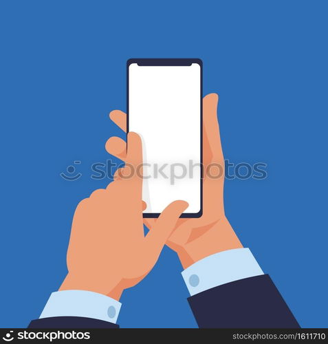 Hand holding smartphone. Cartoon modern mobile in human arms. White gadget touchscreen with copy space. Electronic device screen mockup. Phone application advertising. Vector flat illustration. Hand holding smartphone. Cartoon modern mobile in human arms. Gadget touchscreen with copy space. Electronic device screen mockup. Phone application advertising. Vector illustration