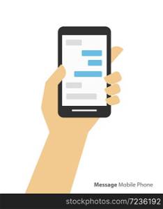 Hand holding smartphone chat and messaging concept background flat design