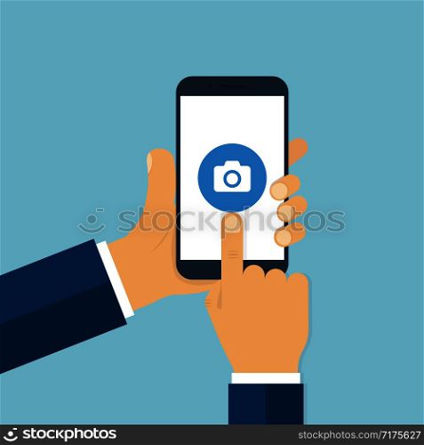 Hand holding smartphone clicking camera sign. Photo concept. Mobile screen touching. Trendy flat design. EPS 10. Hand holding smartphone clicking camera sign. Photo concept. Mobile screen touching. Trendy flat design.
