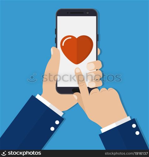 Hand holding smartphone heart on the screen. Message with heart. vector illustration in flat style. Hand holding smartphone heart on the screen.