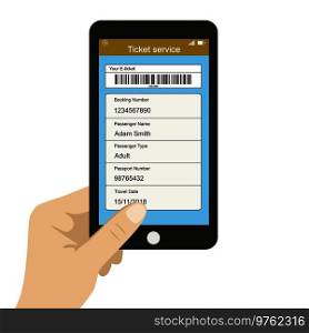 Hand holding smartphone,ticket service app on screen,cartoon vector illustration. Hand holding smartphone,ticket service app on screen,
