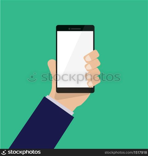 hand holding smartphone vector with green background