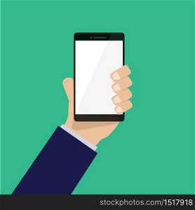 hand holding smartphone vector with green background