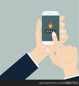 Hand holding smartphone while entering the password.Mobile phone unlocked notification button and password sign,smartphone security,personal access,user authorization, login and protection technology.Vector illustration