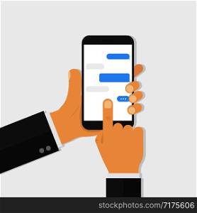 Hand holding smartphone with chat application and finger touching screen device. Chat or notification concept. Mobile with messages. EPS 10. Hand holding smartphone with chat application and finger touching screen device. Chat or notification concept. Mobile with messages.