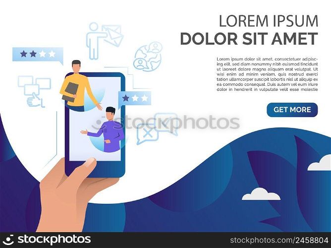 Hand holding smartphone with client comments vector illustration. Feedback online, client review, social networking. Feedback concept. Can be used for webpages, presentations, banners