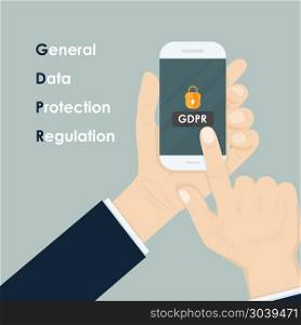 Hand holding smartphone with General Data Protection Regulation.. Hand holding smartphone with General Data Protection Regulation.GDPR concept.Smartphone security,personal access,user authorization, login and protection technology.Vector illustration