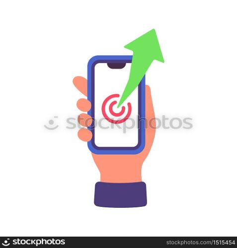 Hand holding smartphone with growing graph business concept illustration
