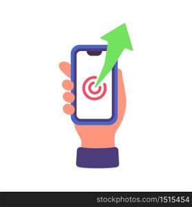 Hand holding smartphone with growing graph business concept illustration
