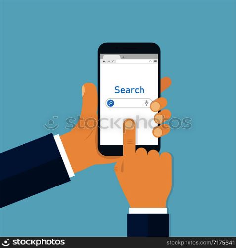 Hand holding smartphone with internet browser search. Internet technology. Browser interface on device. EPS 10. Hand holding smartphone with internet browser search. Internet technology. Browser interface on device.