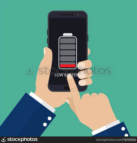 Hand holding smartphone with low battery on the screen. Vector illustration in flat style. Hand holding smartphone with low battery