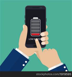 Hand holding smartphone with low battery on the screen. Vector illustration in flat style. Hand holding smartphone with low battery