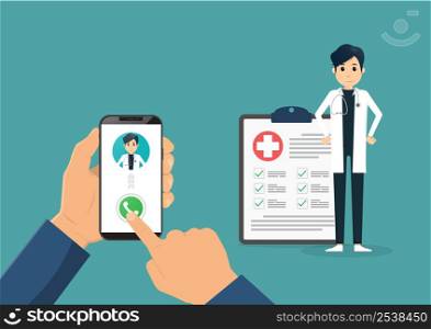 Hand holding smartphone with male doctor on call and an online consultation. Vector flat illustration.