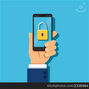 Hand holding smartphone with master key. Smartphone security concept