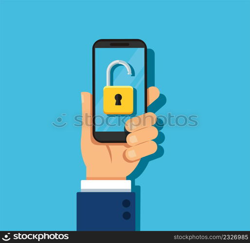 Hand holding smartphone with master key. Smartphone security concept.