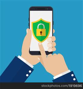 Hand holding smartphone with mobile security on screen. Smartphone lock screen. Vector illustration in flat style. Hand holding smartphone with mobile security