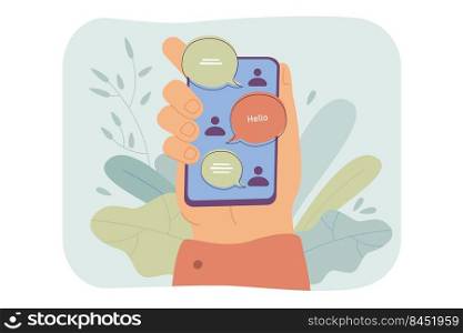 Hand holding smartphone with online chat interface, sent and received messages on screen. Vector illustration for messenger, communication, chatting app concept