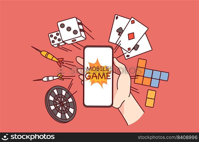 Hand holding smartphone with online gaming applications. Person addicted to internet games on cellphone. Gambling and addiction concept. Vector illustration.. Hand holding cell gambling online