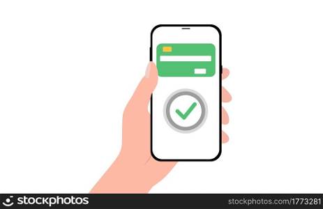 Hand holding smartphone with online payment system in a flat design