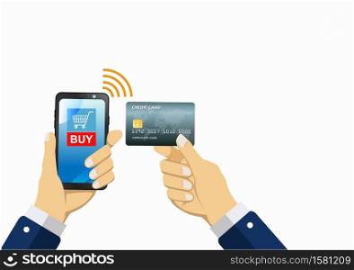 Hand holding smartphone with online shopping app. and credit card. Mobile payment, credit card, the concept of paying e-commerce, flat modern illustration design isolated white background image.