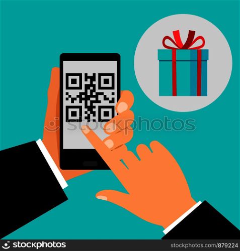 Hand holding smartphone with QR code on screen and gift, vector illustration. Hand holding smartphone with QR code