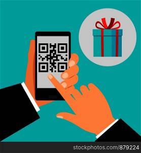 Hand holding smartphone with QR code on screen and gift, vector illustration. Hand holding smartphone with QR code