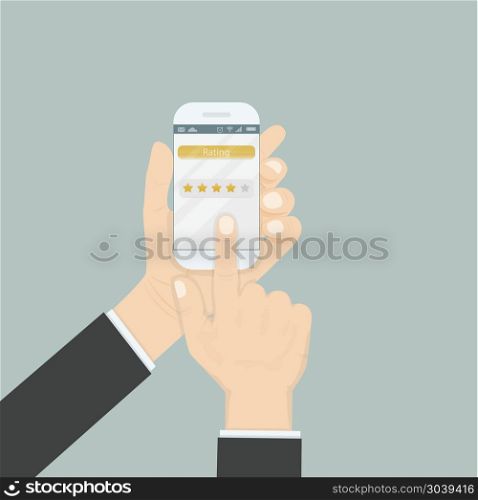 Hand holding smartphone with rating or raking concept on the scr. Hand holding smartphone with rating or raking concept on the screen.5 Stars rating or raking concept.Rating or raking golden stars.Mobile applications isolated background.Flat vector illustration