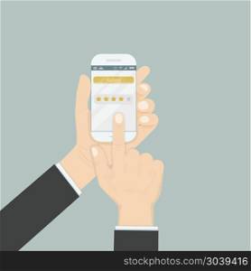 Hand holding smartphone with rating or raking concept on the scr. Hand holding smartphone with rating or raking concept on the screen.5 Stars rating or raking concept.Rating or raking golden stars.Mobile applications isolated background.Flat vector illustration