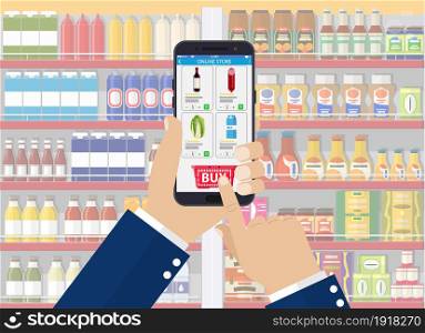 Hand holding smartphone with shopping app. Grocery delivery. Internet order. Online supermaket. Vector illustration in flat style. Hand holding smartphone with shopping app.