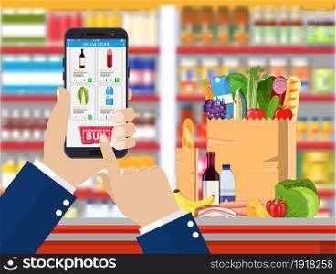 Hand holding smartphone with shopping app. Grocery delivery. Internet order. Online supermaket. Interior store inside. Drinks, food, fruits, dairy products. Vector illustration in flat style. Hand holding smartphone with shopping app.